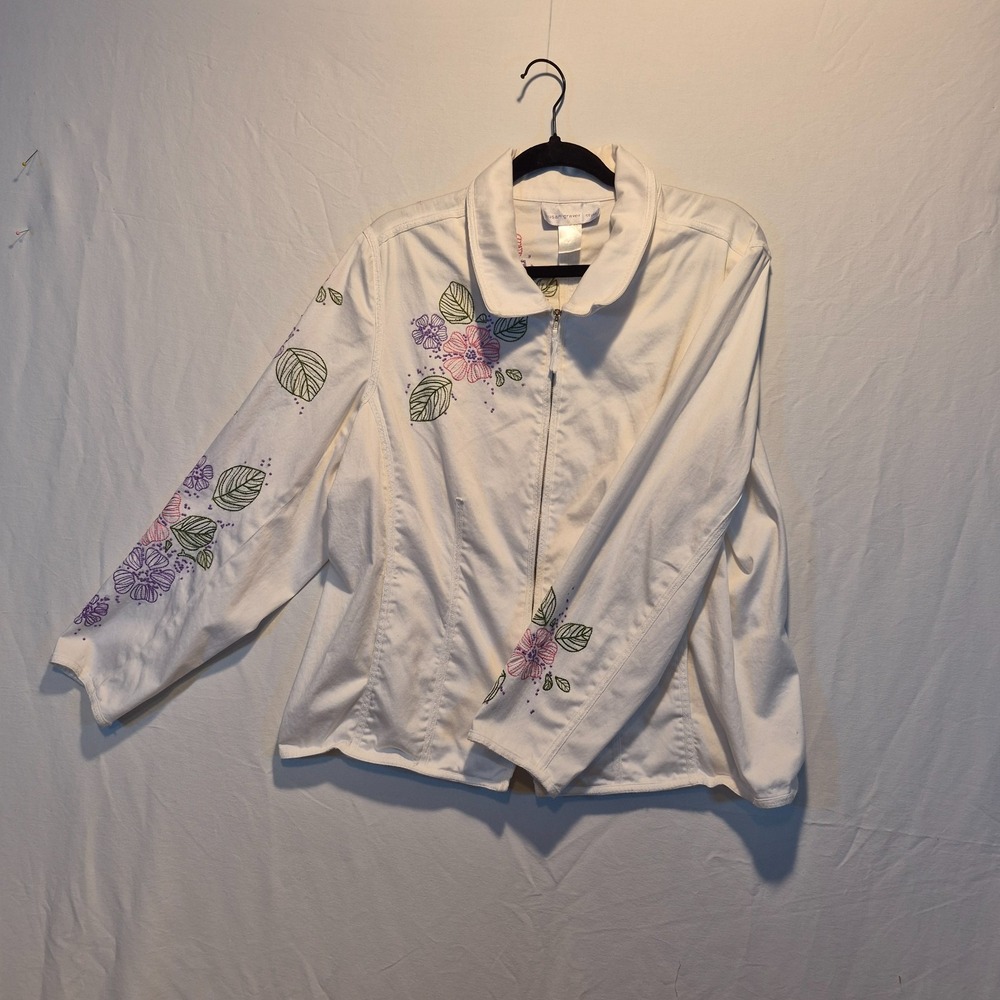 Susan Graver Womens XL Denim Jacket Floral Embroidery Casual Coastal Cottagecore